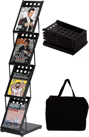 Brochure Magazine Catalog Literature Display, Literature Catalog Rack with Carrying Bag, Foldable Magazine Stand for Office Retail Store and Exhibition Trade Show, 4 Pockets (Black)