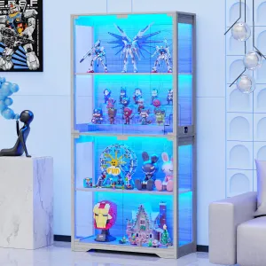 BROTTAR Display Cabinet with Glass Doors, 4-Tier Curio Cabinet with 3 Color Lights for Collectibles, Glass Display Case with Human Body Sensor, Storage Cabinet, Gray