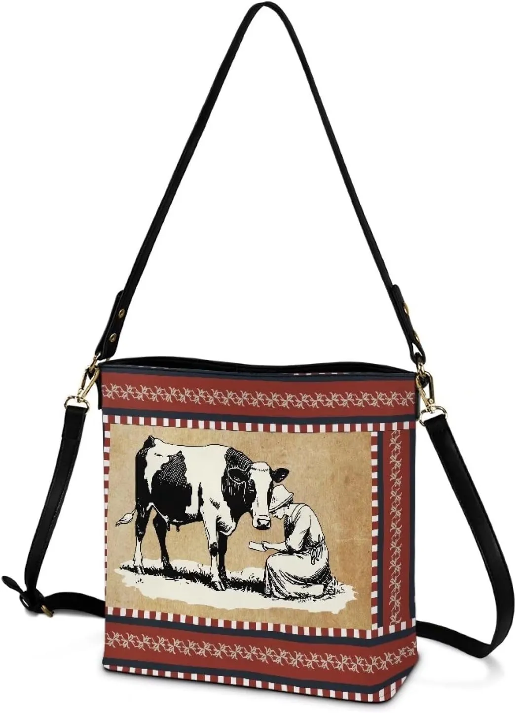 Bucket Bags Purses for Women with Adjustable Strap, Black Cat Print PU Leather Tote Handbags Top Handle Satchel