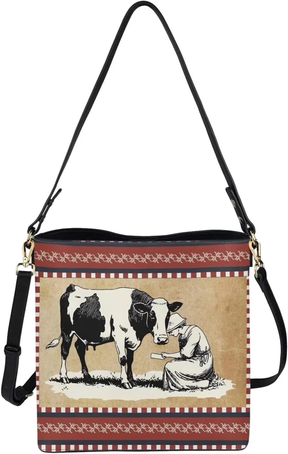 Bucket Bags Purses for Women with Adjustable Strap, Black Cat Print PU Leather Tote Handbags Top Handle Satchel