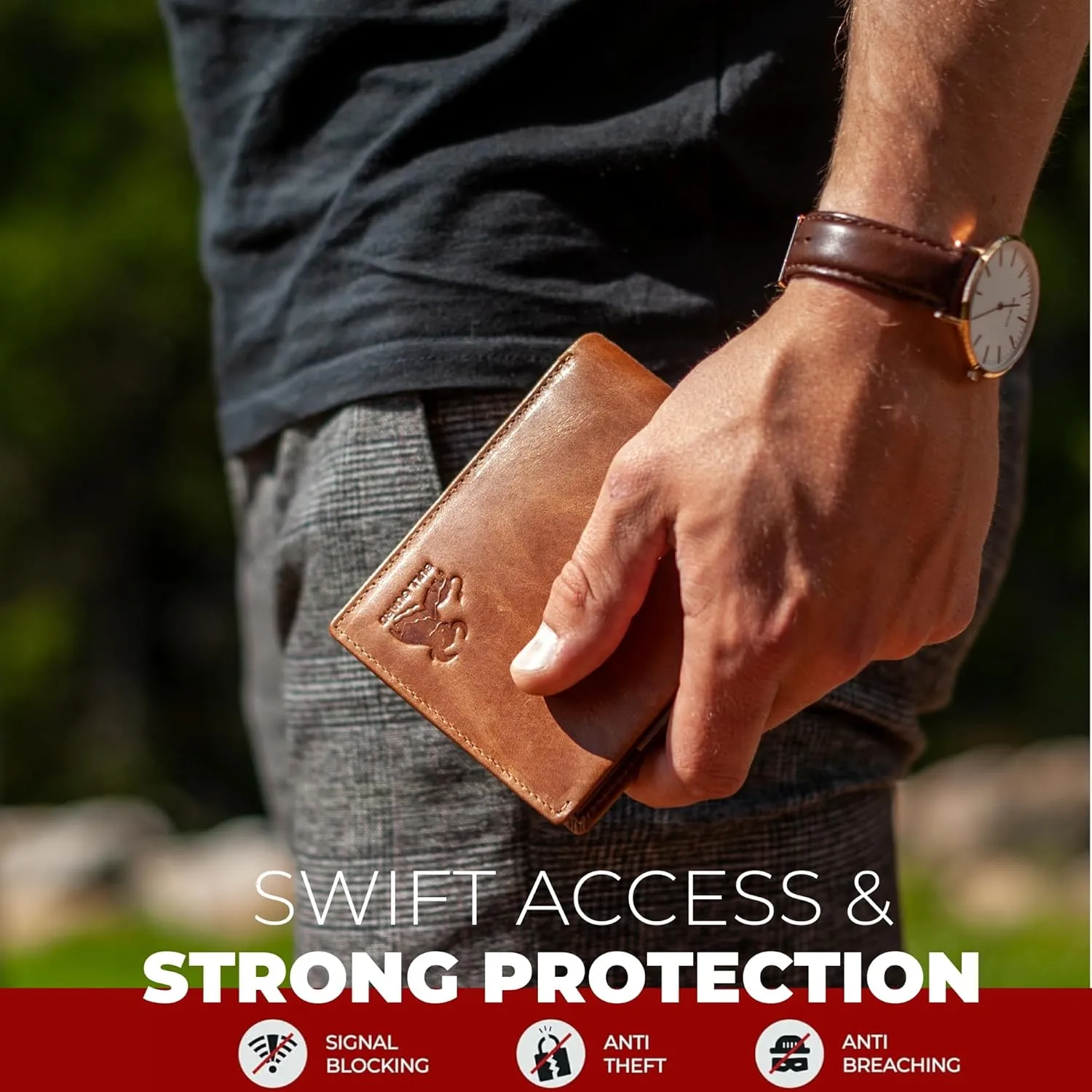BULL GUARD Mens Leather Wallet Bifold with ID Window and RFID Blocking