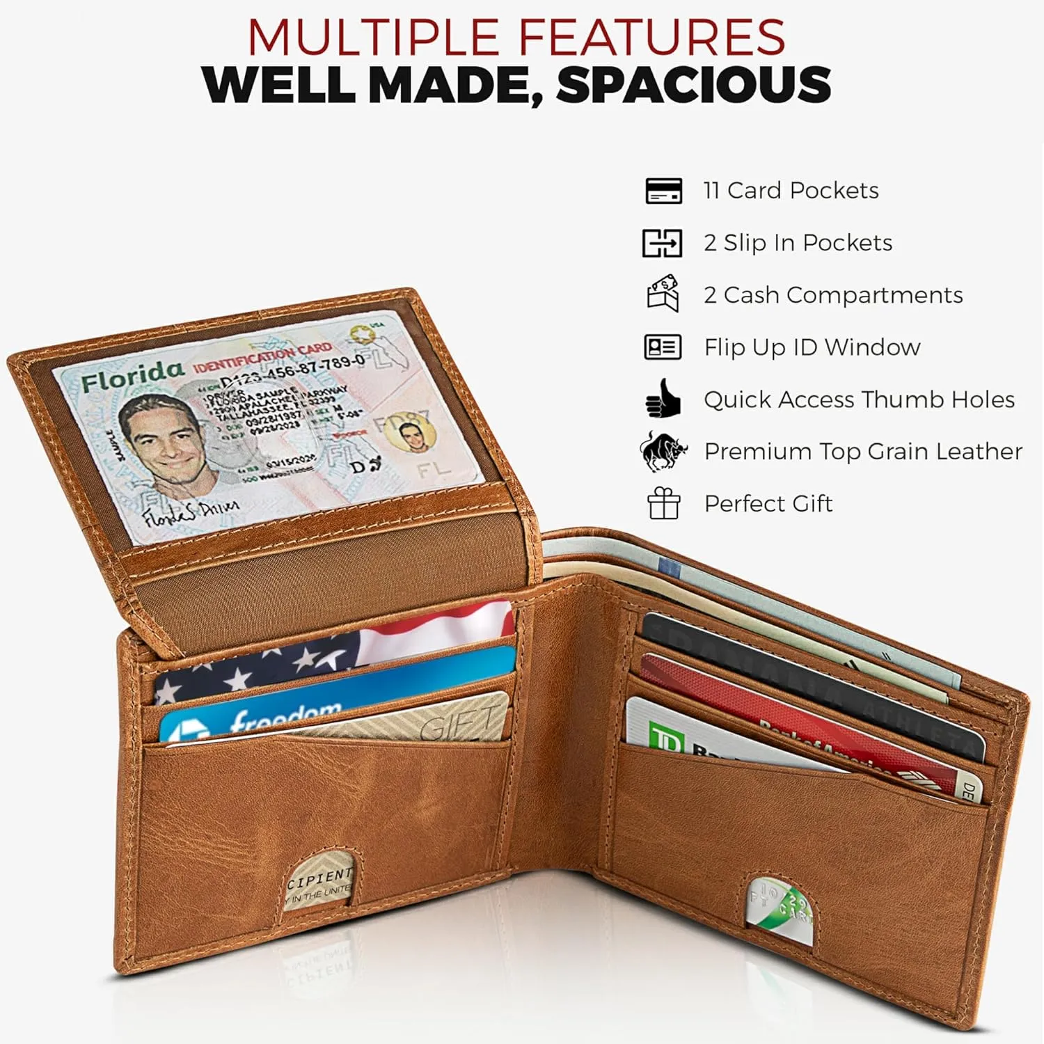 BULL GUARD Mens Leather Wallet Bifold with ID Window and RFID Blocking