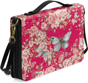 Butterfly Bible Book Cover for Women Girls, Floral Bible Carrying Case with Shoulder Strap, PU Leather Bible Bag with Pen Storage, Portable Bible Holder for Study Bible, Pink, L