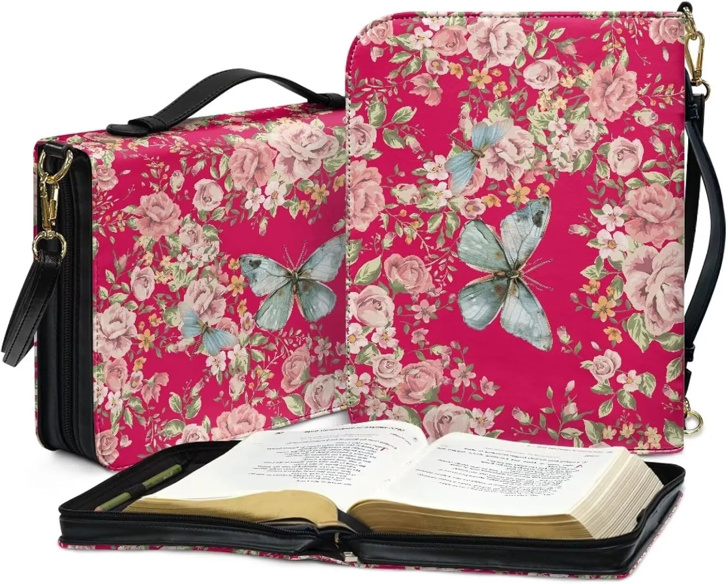 Butterfly Bible Book Cover for Women Girls, Floral Bible Carrying Case with Shoulder Strap, PU Leather Bible Bag with Pen Storage, Portable Bible Holder for Study Bible, Pink, L