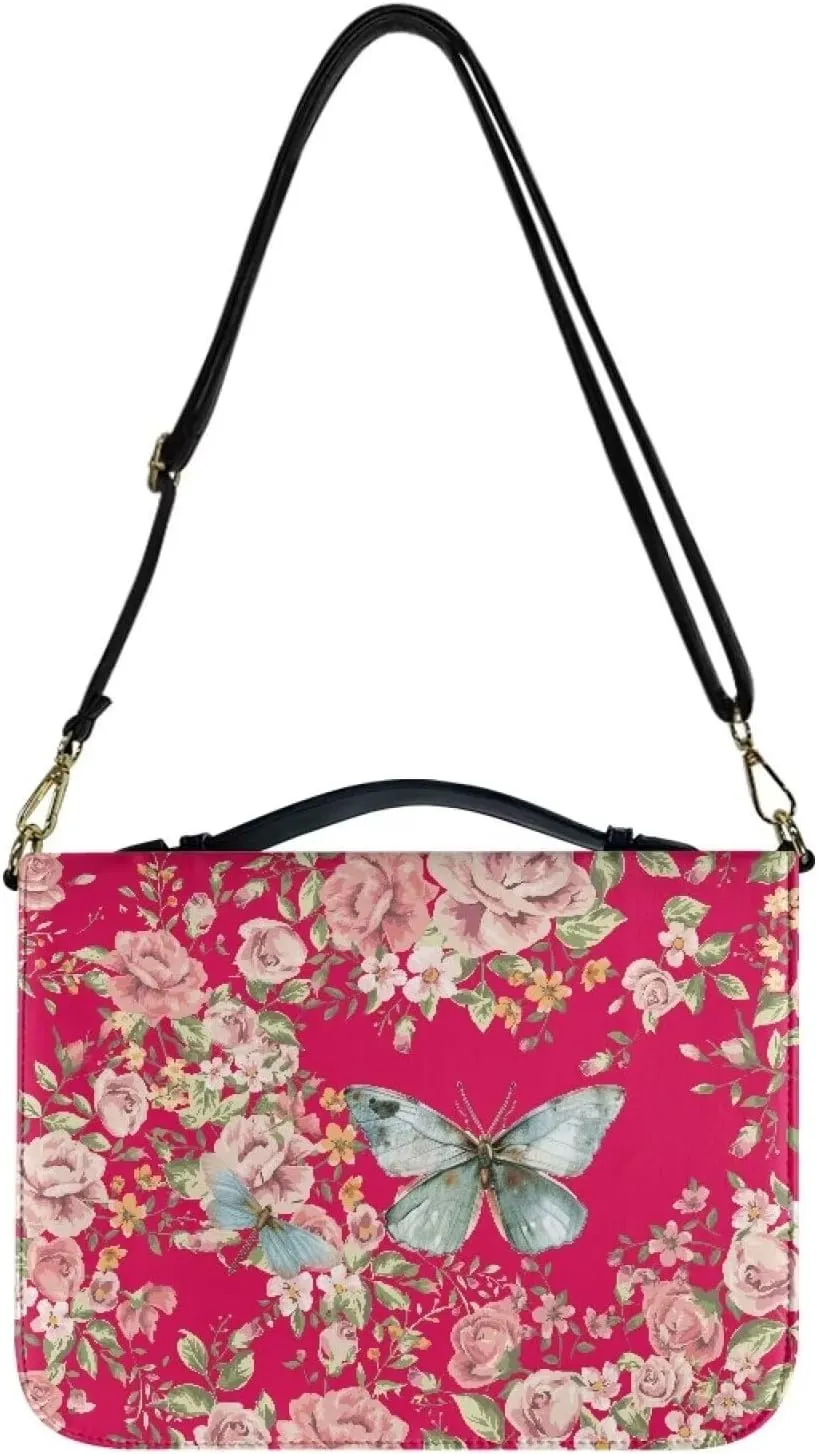 Butterfly Bible Book Cover for Women Girls, Floral Bible Carrying Case with Shoulder Strap, PU Leather Bible Bag with Pen Storage, Portable Bible Holder for Study Bible, Pink, L