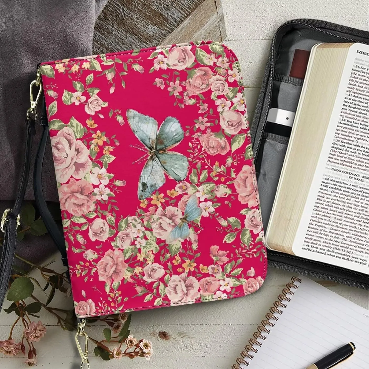 Butterfly Bible Book Cover for Women Girls, Floral Bible Carrying Case with Shoulder Strap, PU Leather Bible Bag with Pen Storage, Portable Bible Holder for Study Bible, Pink, L