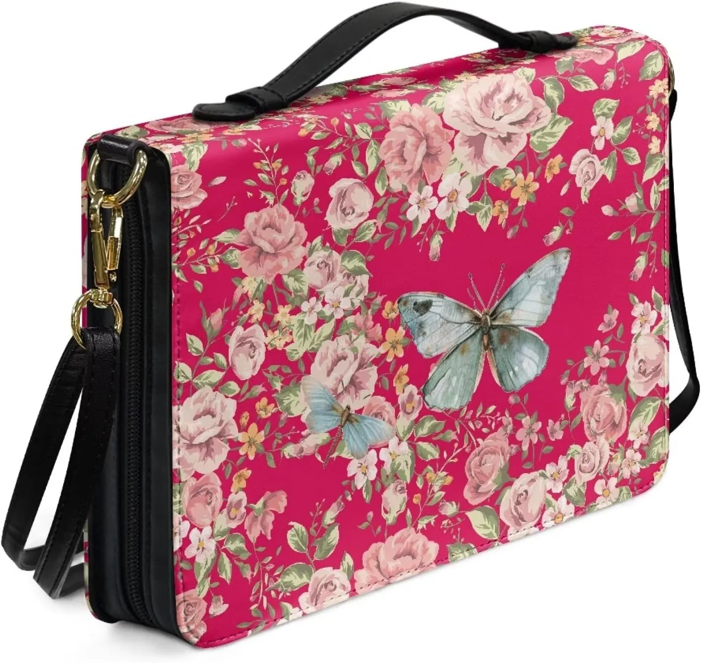 Butterfly Bible Book Cover for Women Girls, Floral Bible Carrying Case with Shoulder Strap, PU Leather Bible Bag with Pen Storage, Portable Bible Holder for Study Bible, Pink, L