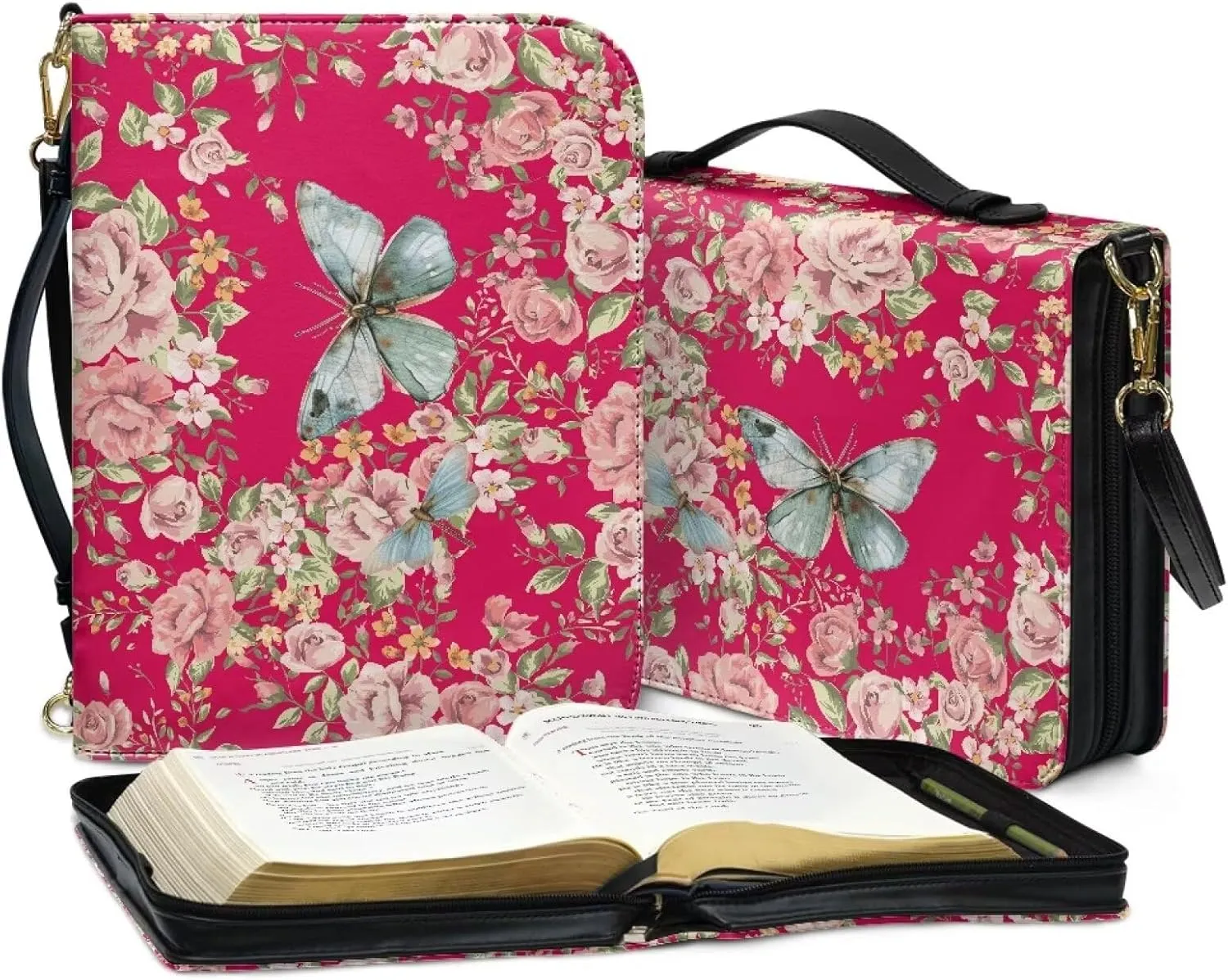 Butterfly Bible Book Cover for Women Girls, Floral Bible Carrying Case with Shoulder Strap, PU Leather Bible Bag with Pen Storage, Portable Bible Holder for Study Bible, Pink, L
