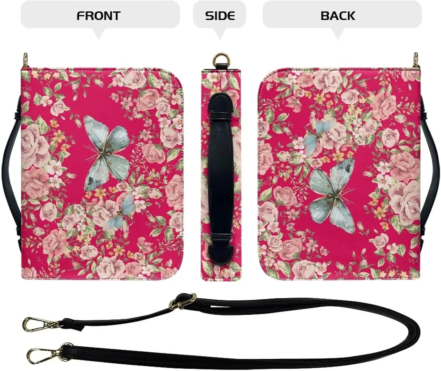 Butterfly Bible Book Cover for Women Girls, Floral Bible Carrying Case with Shoulder Strap, PU Leather Bible Bag with Pen Storage, Portable Bible Holder for Study Bible, Pink, L