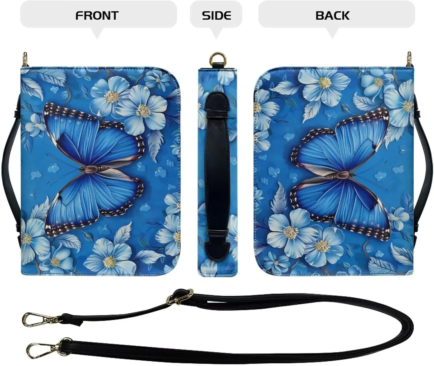 Butterfly Flower Printed Bible Carrying Case for Women, PU Leather Bible Tote Bag with Shoulder Strap, Large Bible Cover with Pen Slots, Bible Accessories, Blue, L