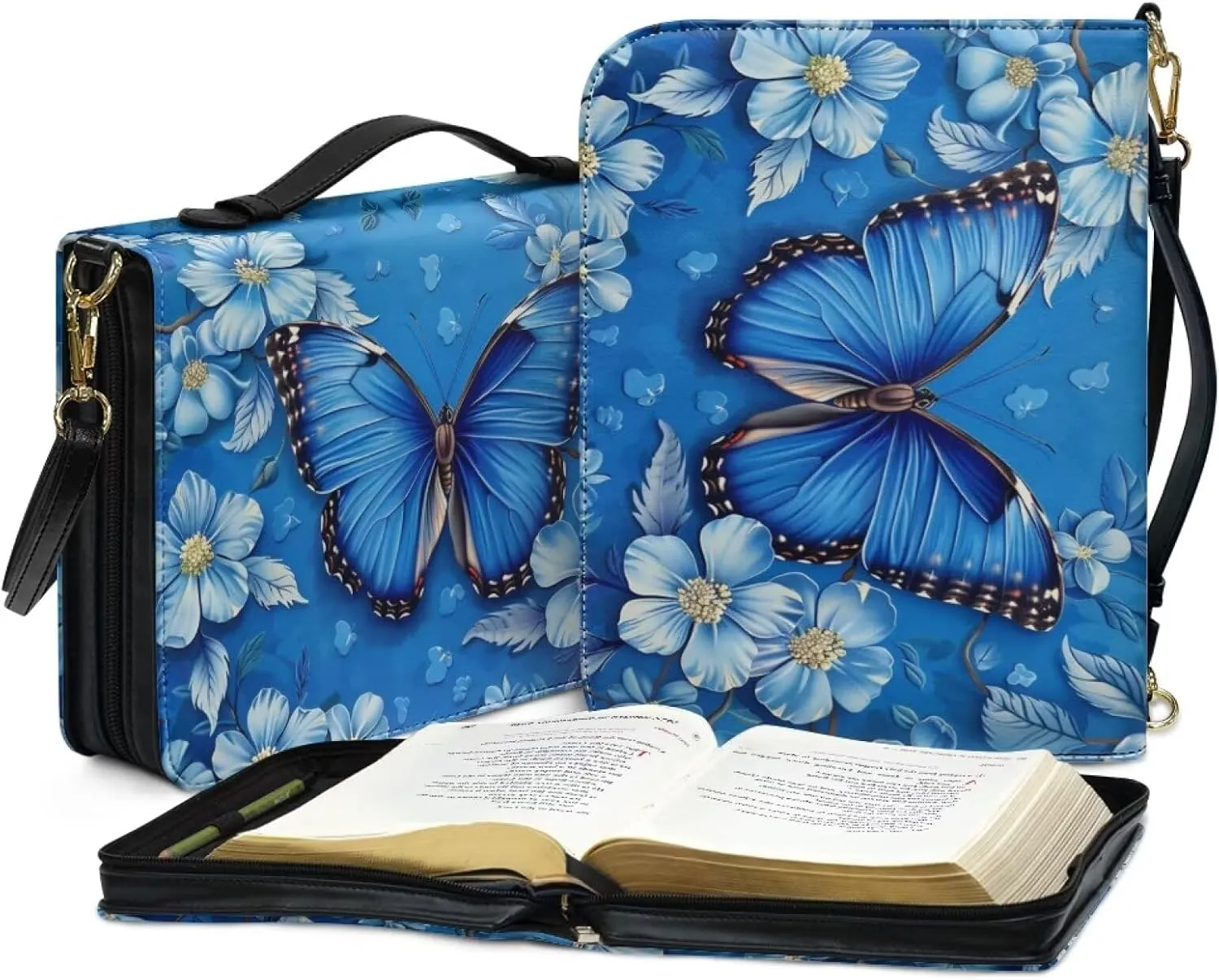 Butterfly Flower Printed Bible Carrying Case for Women, PU Leather Bible Tote Bag with Shoulder Strap, Large Bible Cover with Pen Slots, Bible Accessories, Blue, L