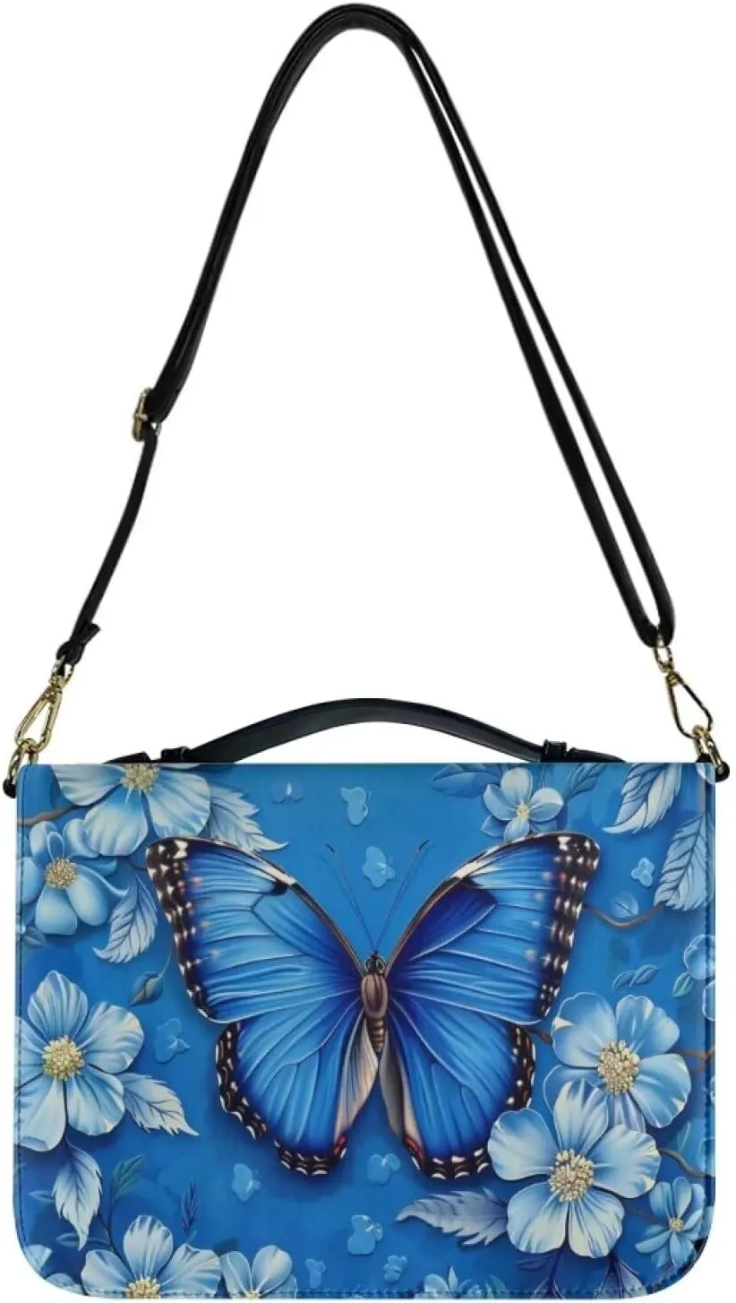 Butterfly Flower Printed Bible Carrying Case for Women, PU Leather Bible Tote Bag with Shoulder Strap, Large Bible Cover with Pen Slots, Bible Accessories, Blue, L