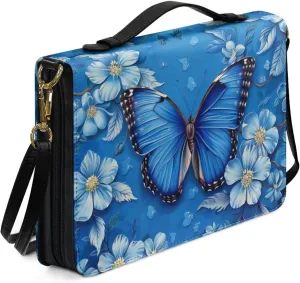 Butterfly Flower Printed Bible Carrying Case for Women, PU Leather Bible Tote Bag with Shoulder Strap, Large Bible Cover with Pen Slots, Bible Accessories, Blue, L