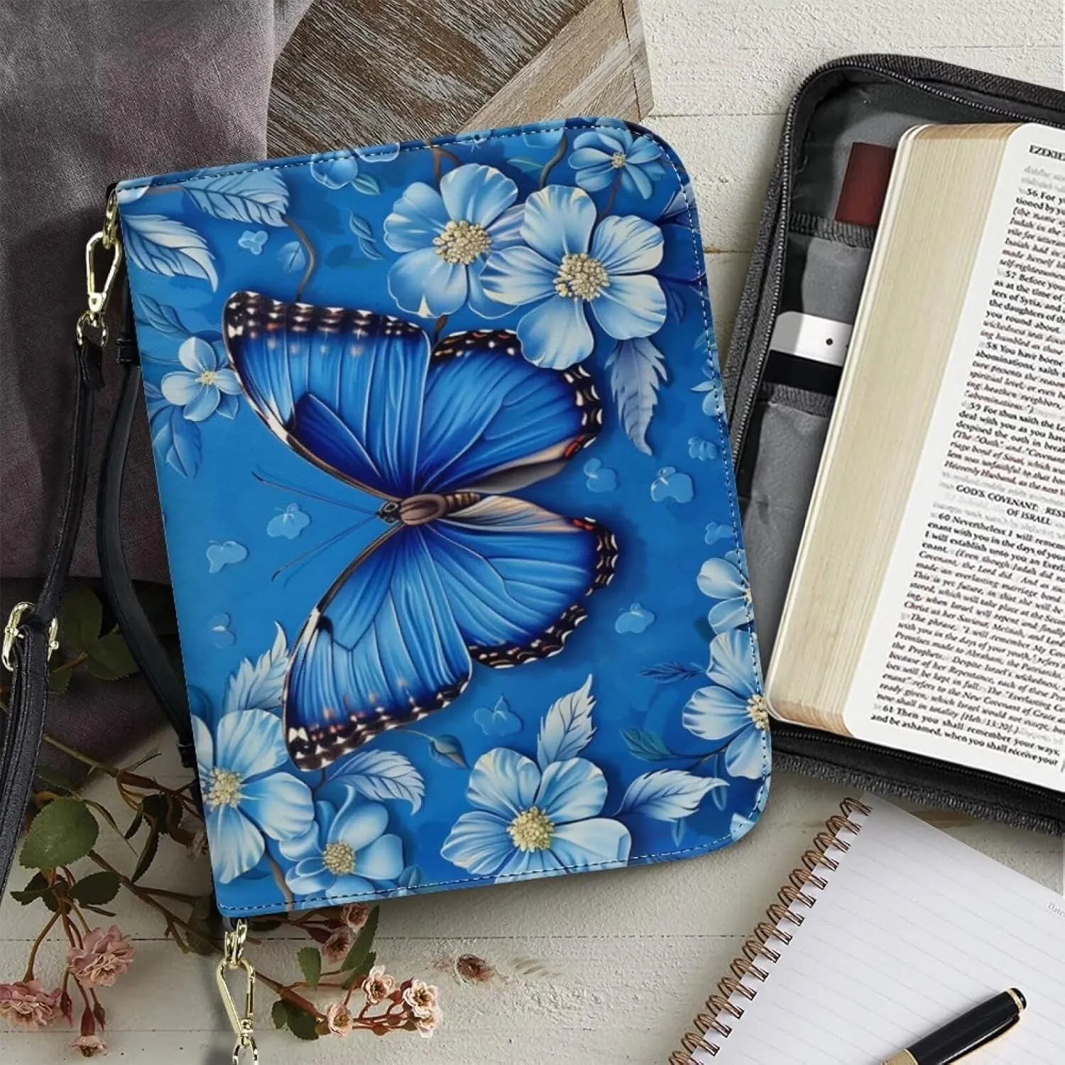 Butterfly Flower Printed Bible Carrying Case for Women, PU Leather Bible Tote Bag with Shoulder Strap, Large Bible Cover with Pen Slots, Bible Accessories, Blue, L