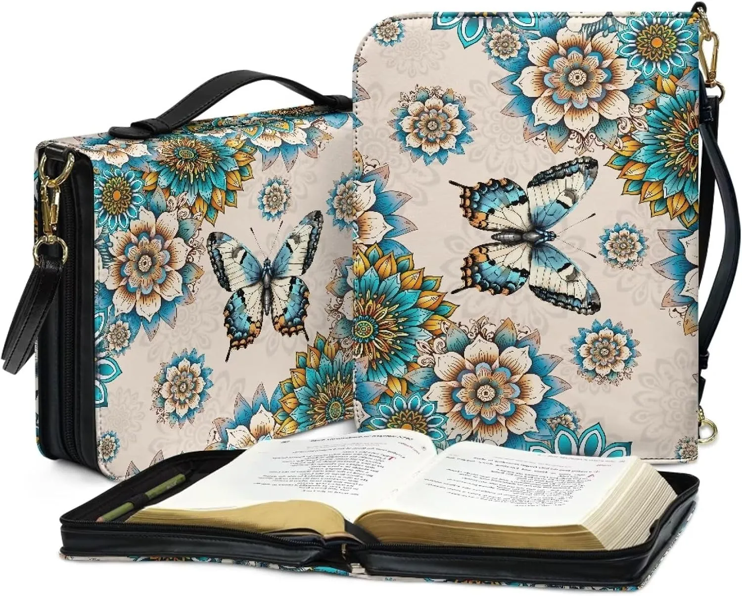 Butterfly Mandala Flower Printed Bible Bag for Women, PU Leather Bible Book Cover for Study, Washable Bible Carrying Case with Shoulder Strap, Beige and Blue. M