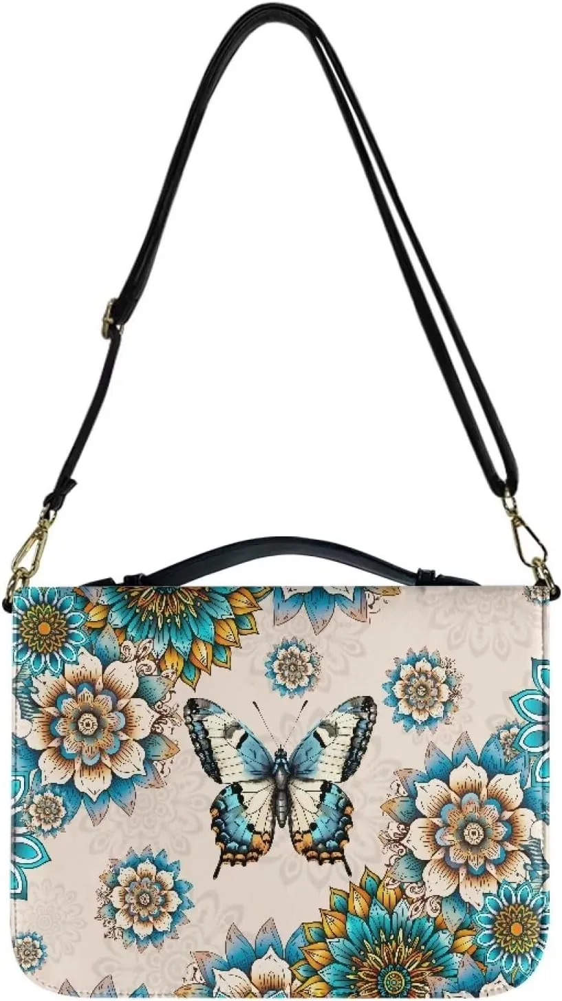 Butterfly Mandala Flower Printed Bible Bag for Women, PU Leather Bible Book Cover for Study, Washable Bible Carrying Case with Shoulder Strap, Beige and Blue. M