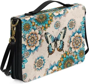 Butterfly Mandala Flower Printed Bible Bag for Women, PU Leather Bible Book Cover for Study, Washable Bible Carrying Case with Shoulder Strap, Beige and Blue. M