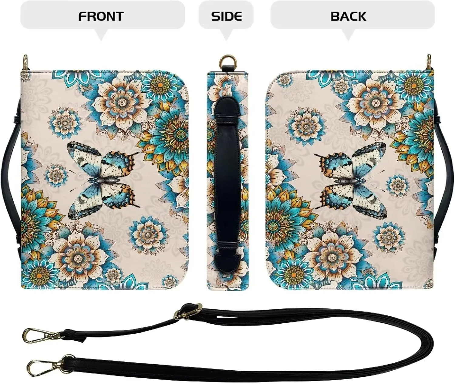 Butterfly Mandala Flower Printed Bible Bag for Women, PU Leather Bible Book Cover for Study, Washable Bible Carrying Case with Shoulder Strap, Beige and Blue. M