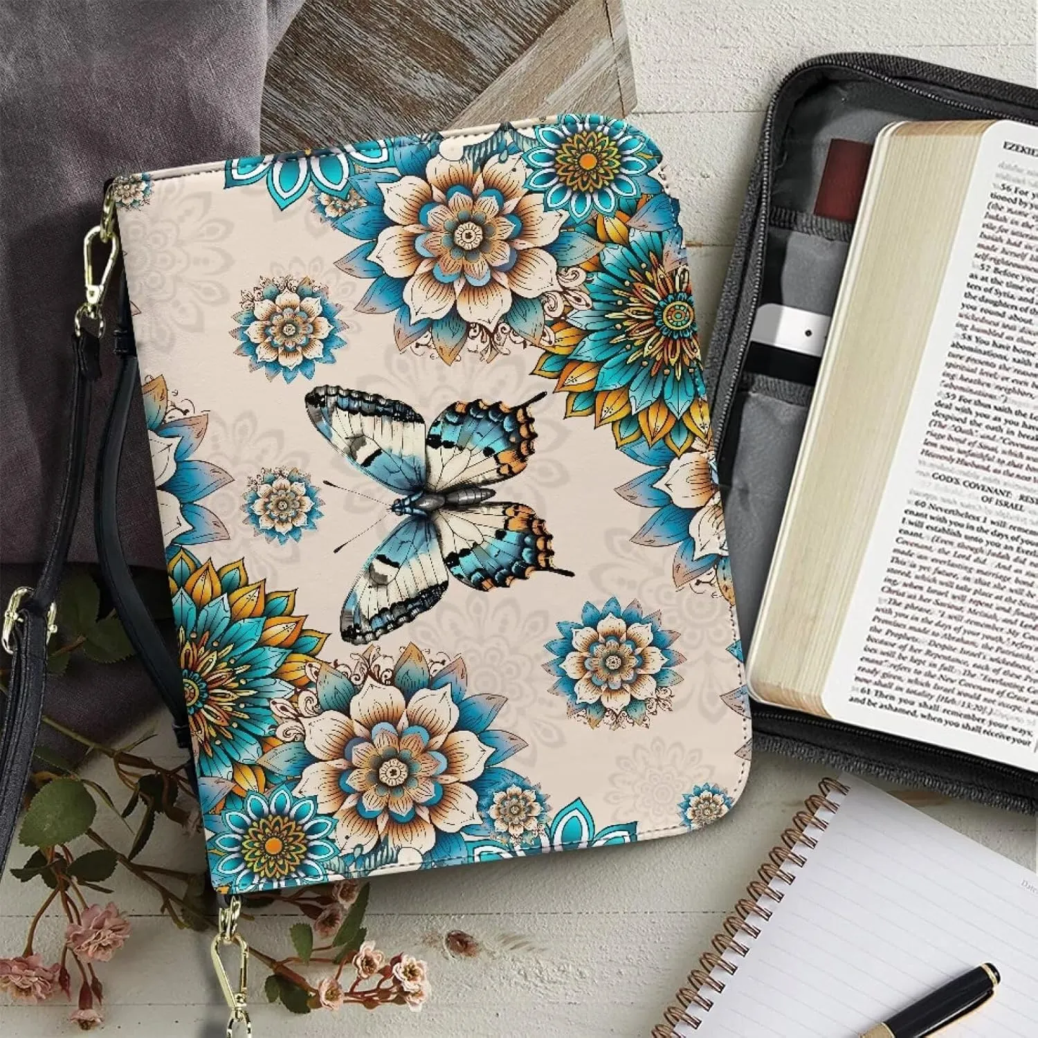 Butterfly Mandala Flower Printed Bible Bag for Women, PU Leather Bible Book Cover for Study, Washable Bible Carrying Case with Shoulder Strap, Beige and Blue. M