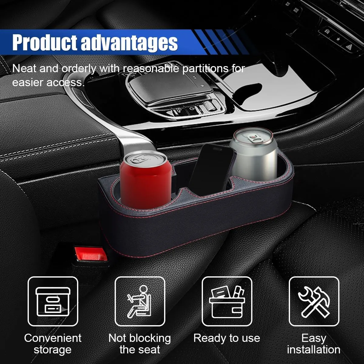 Car Cup Holder, Auto Front Seat Organizer, Multifunctional Cup Drink Holders with PU Leather Cover, Gap Filler Storage Box Coin Bucket Console Side Pocket Cell Mobile Phone Holder (Black)