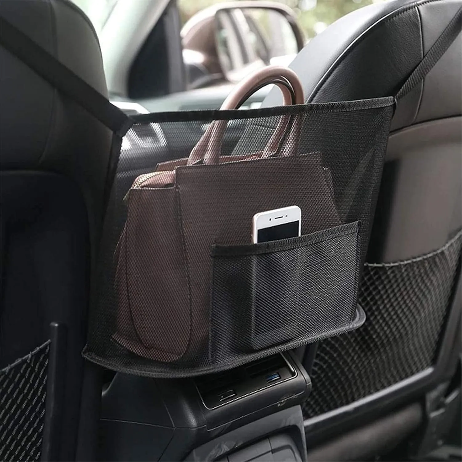 Car Handbag Holder Between Seats Large Capacity Car Purse Holder Automotive Consoles & Organizers for Document Phone Storage Car Organizer (Black)