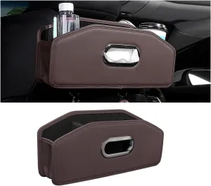 Car Headrest BackSeat Organizer, Vehicle Rear Seat Hanging Storage Box With Hooks Cup Holder Tissue Box, Multifunctional Auto Travel Accessories, Universal for SUV, Truck, RV（Brown）