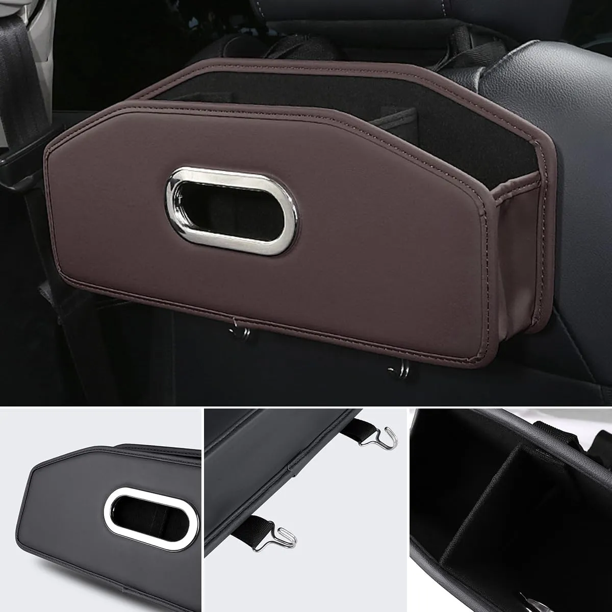 Car Headrest BackSeat Organizer, Vehicle Rear Seat Hanging Storage Box With Hooks Cup Holder Tissue Box, Multifunctional Auto Travel Accessories, Universal for SUV, Truck, RV（Brown）