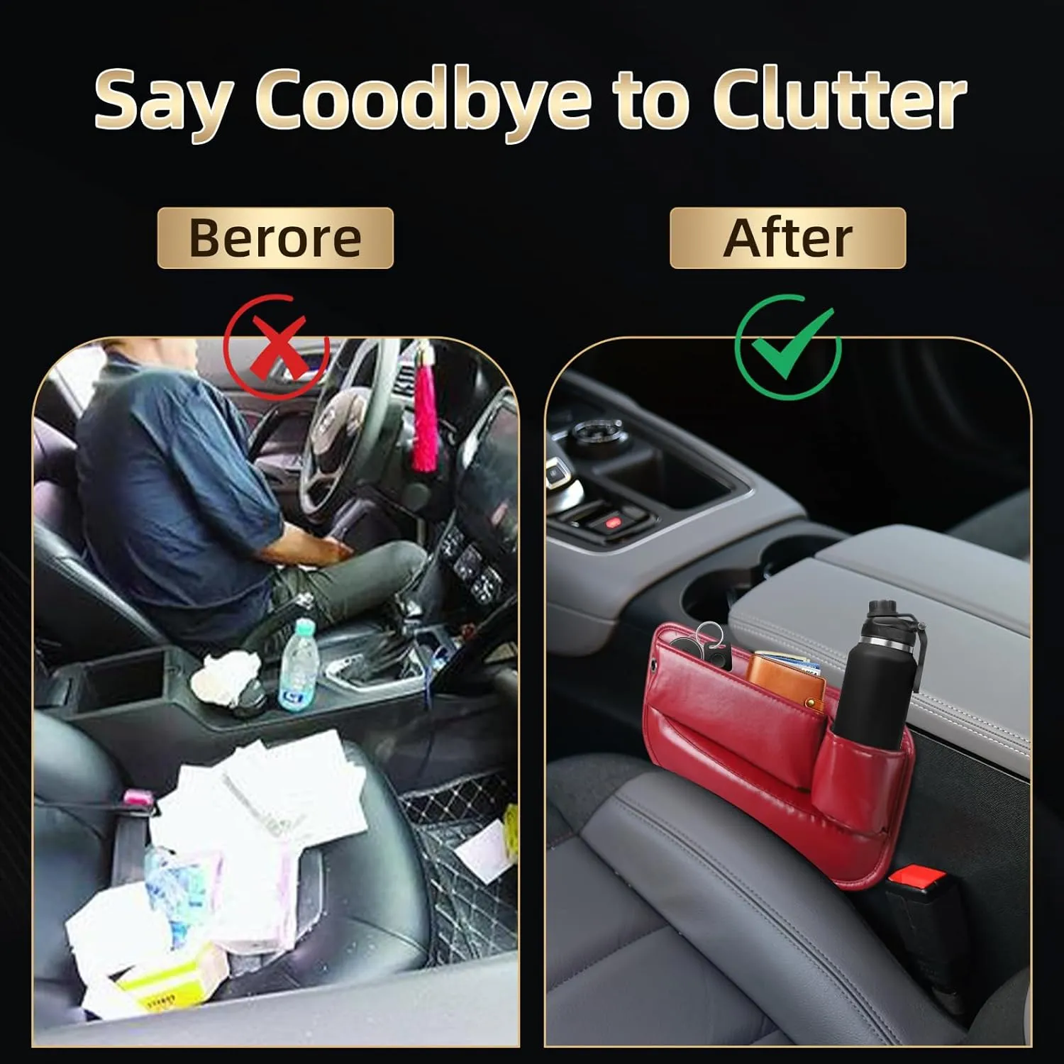 Car Leather Cup Holder Gap Bag - Adjustable Car Seat Gap Filler & Organizer with Cup Holder, Premium PU Leather, Universal Storage Box for Phones, Keys, Glasses, and Cards (Black - Driver's)