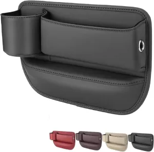 Car Leather Cup Holder Gap Bag - Adjustable Car Seat Gap Filler & Organizer with Cup Holder, Premium PU Leather, Universal Storage Box for Phones, Keys, Glasses, and Cards (Black - Driver's)