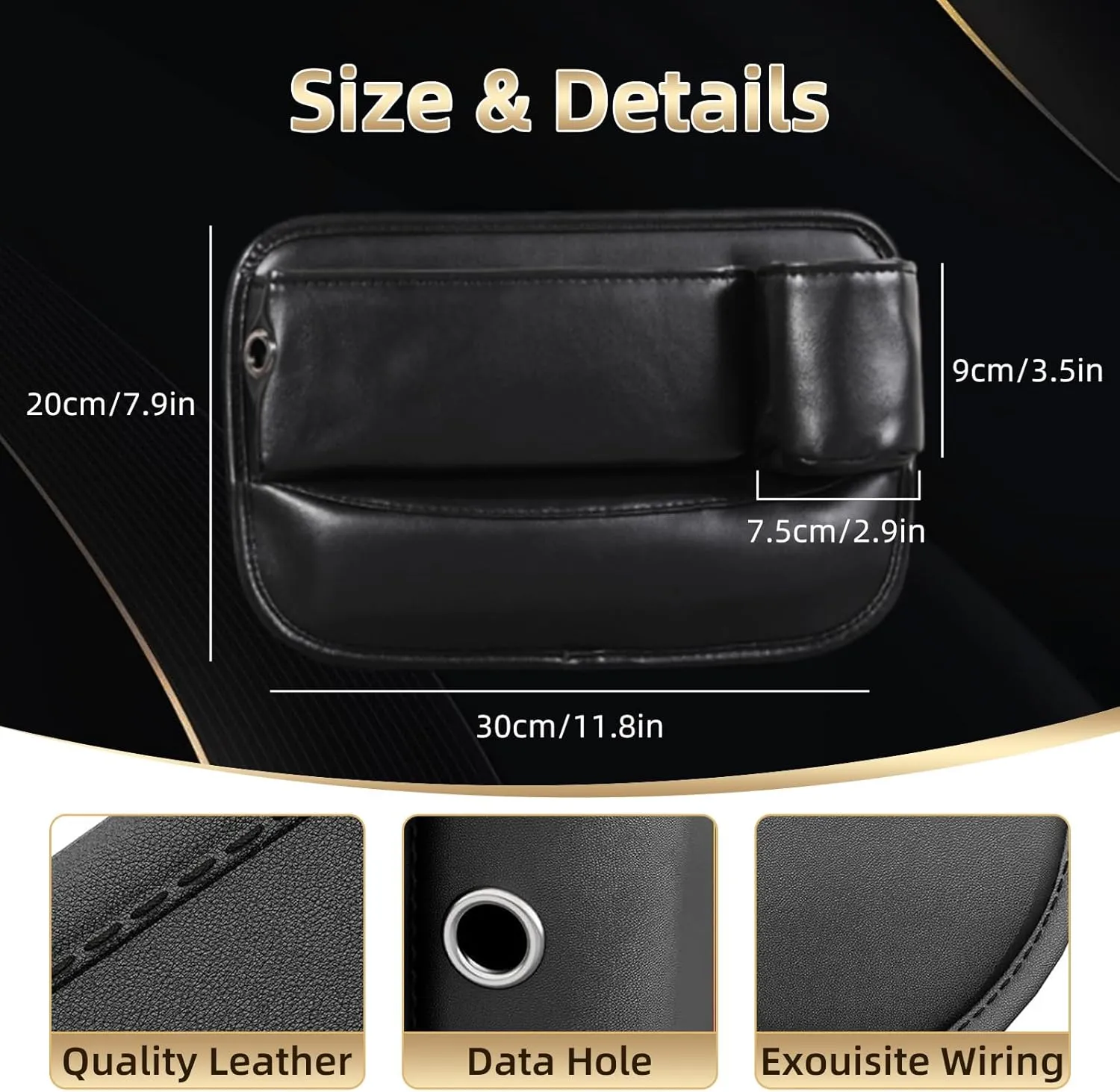Car Leather Cup Holder Gap Bag - Adjustable Car Seat Gap Filler & Organizer with Cup Holder, Premium PU Leather, Universal Storage Box for Phones, Keys, Glasses, and Cards (Black - Driver's)