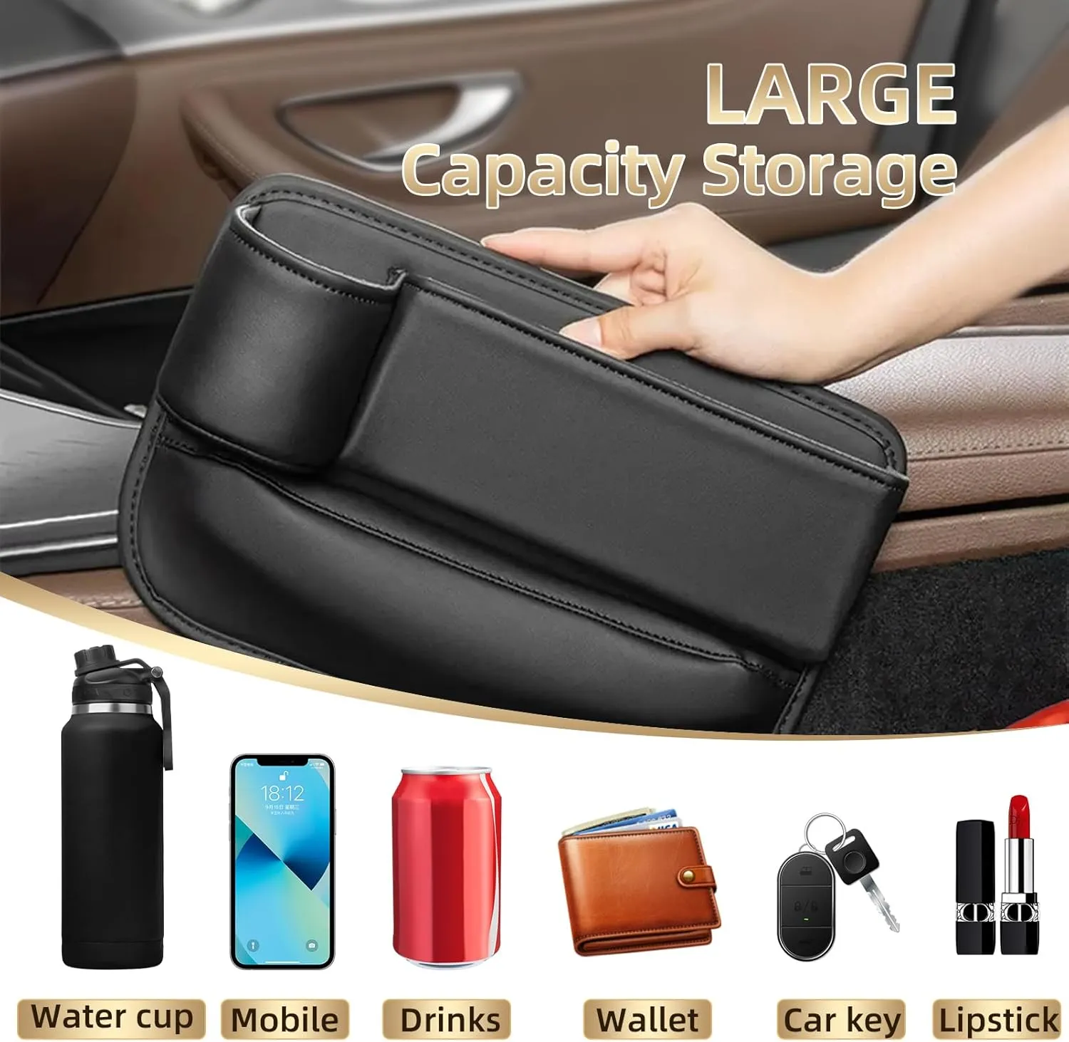 Car Leather Cup Holder Gap Bag - Adjustable Car Seat Gap Filler & Organizer with Cup Holder, Premium PU Leather, Universal Storage Box for Phones, Keys, Glasses, and Cards (Black - Driver's)