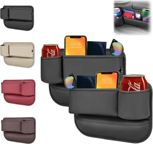 Car Leather Cup Holder Gap Bag, Car Seat Gap Storage Box with Cup Holders and Phone Charging Hole - Convenient Organizer for Cell Phone, Glasses, Keys, and Cards (Both Sides, Classic Black)