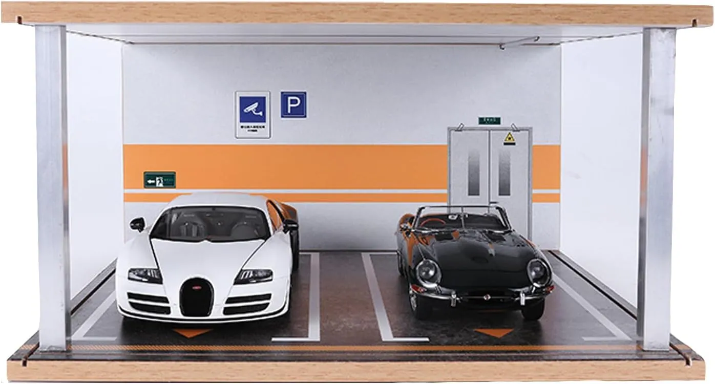 Car Model Display Case 1:18 Scale,with LED Light and Acrylic Dust Cover Hot Diecast Wheels Display Case,Wooden Parking lot Garage Scene Toys Car Model Display Stand (Log Color)
