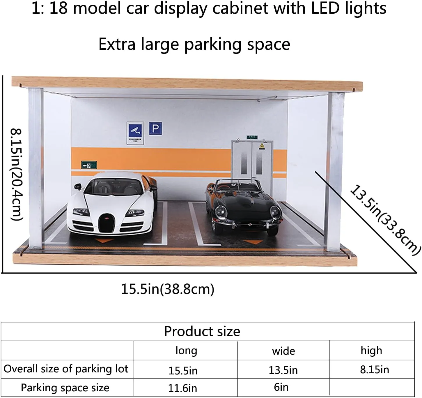 Car Model Display Case 1:18 Scale,with LED Light and Acrylic Dust Cover Hot Diecast Wheels Display Case,Wooden Parking lot Garage Scene Toys Car Model Display Stand (Log Color)