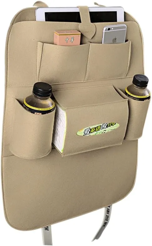 Car Seat Back Organizer Backseat Organizer Felt 6-Pocket Toys for Tissue Box Pen (Beige)