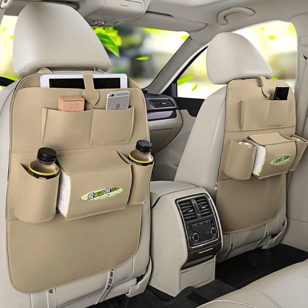Car Seat Back Organizer Backseat Organizer Felt 6-Pocket Toys for Tissue Box Pen (Beige)