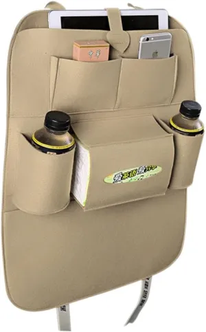 Car Seat Back Organizer Backseat Organizer Felt 6-Pocket Toys for Tissue Box Pen (Beige)