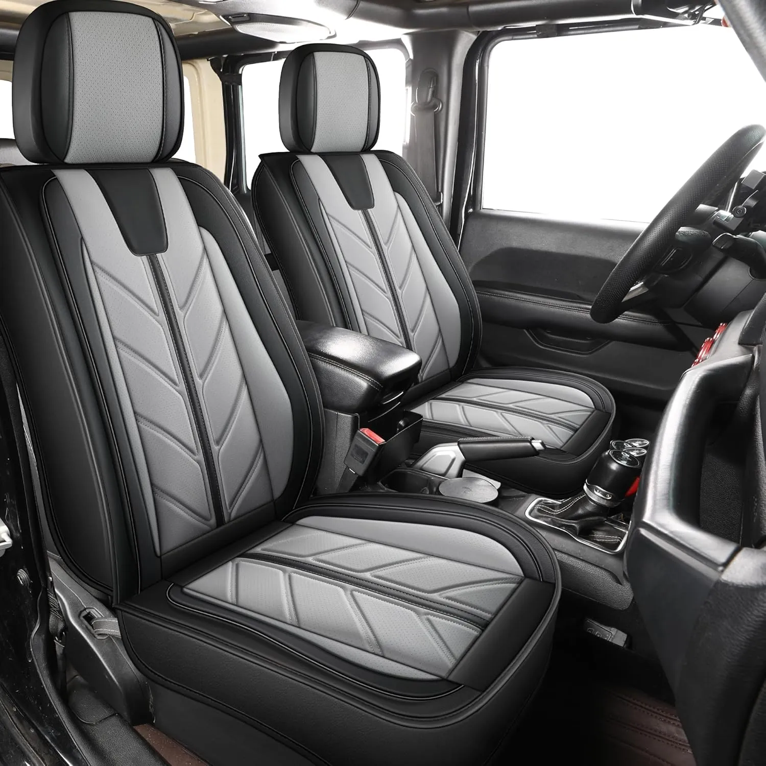 Car Seat Covers for Jeep Wrangler JK JL Fit 4 Door 2018-2024 JK JL Sahara Rubicon Unlimited Altitude Truck Waterproof Automotive Faux Leather Seat car Cushion Set(Black Gray, Full Set)