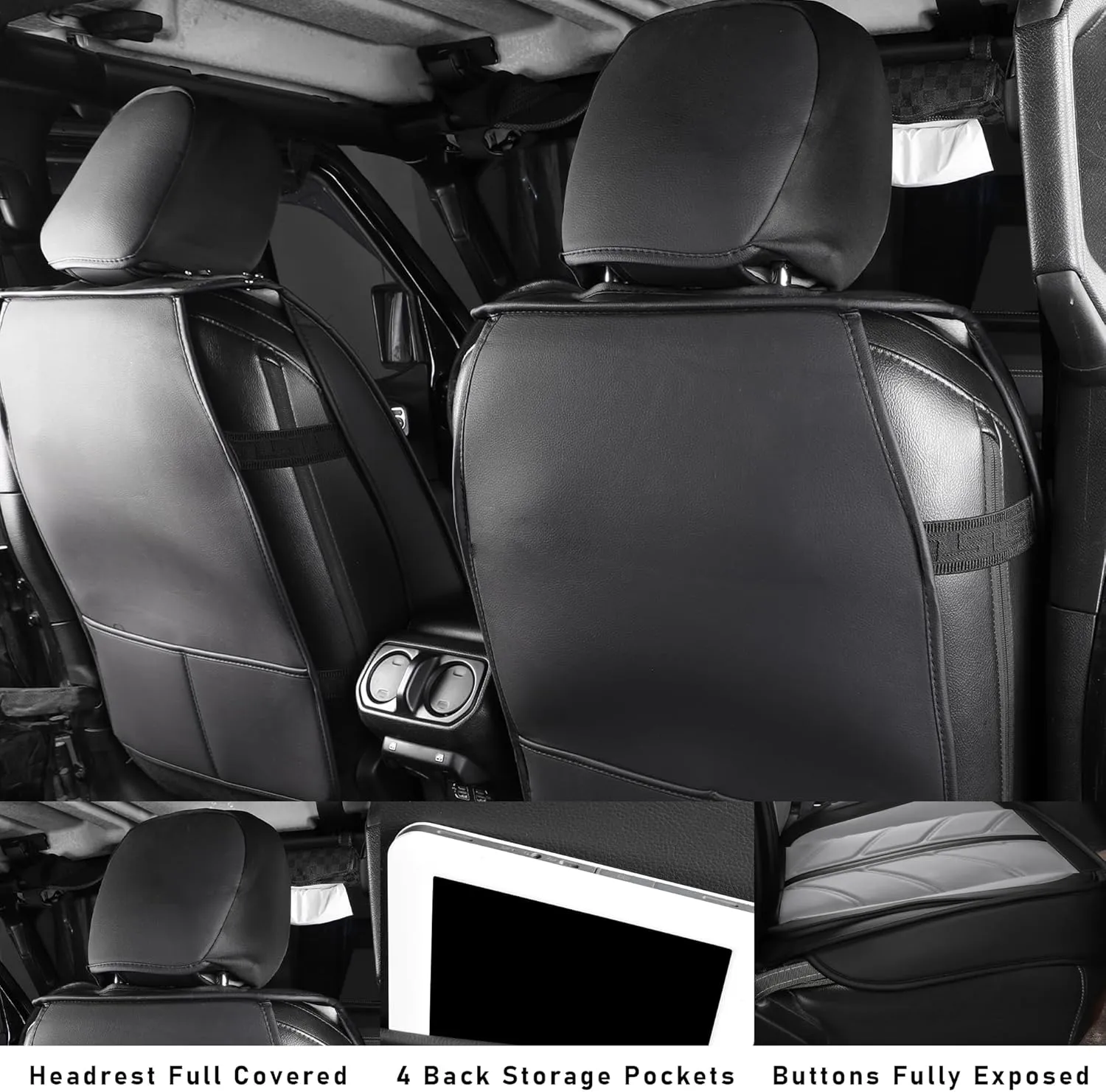 Car Seat Covers for Jeep Wrangler JK JL Fit 4 Door 2018-2024 JK JL Sahara Rubicon Unlimited Altitude Truck Waterproof Automotive Faux Leather Seat car Cushion Set(Black Gray, Full Set)