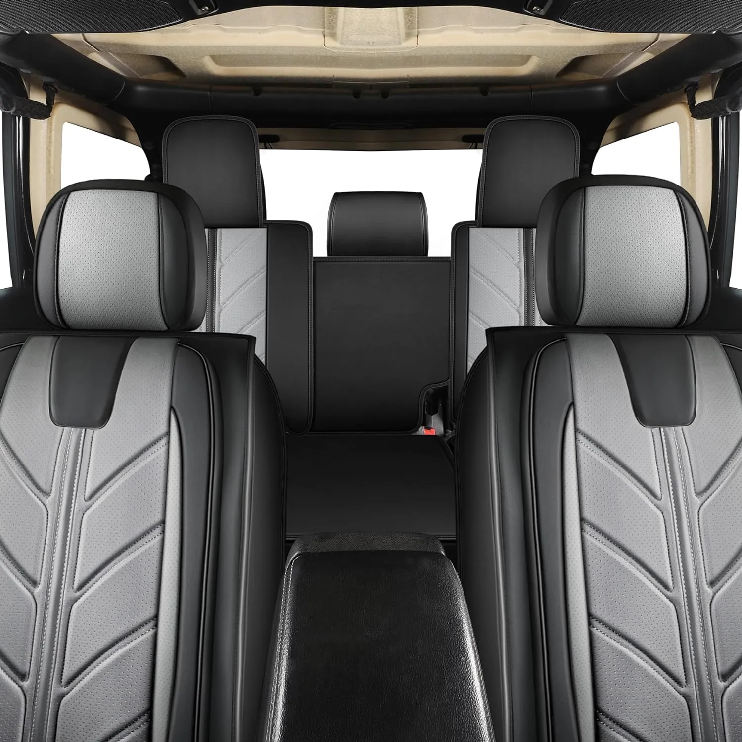 Car Seat Covers for Jeep Wrangler JK JL Fit 4 Door 2018-2024 JK JL Sahara Rubicon Unlimited Altitude Truck Waterproof Automotive Faux Leather Seat car Cushion Set(Black Gray, Full Set)
