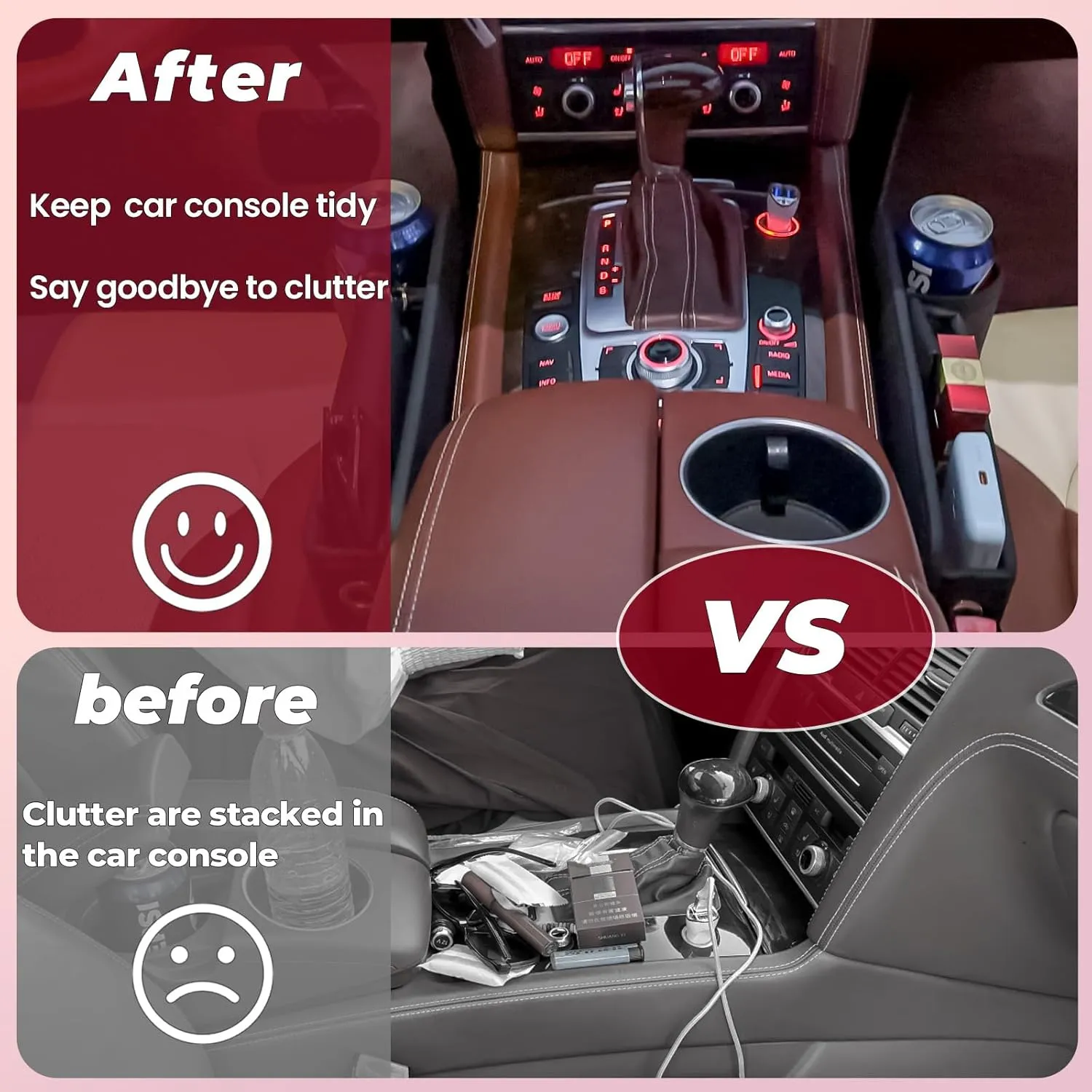 Car Seat Gap Filler Organizer, Car Seat Organizer, Seat Gap Storage Box with Cup Holders for Drink, Car Leather Cup Holder Gap Bag Front Seat for Holding Phone, Sunglasses,Keys（Red Passenger Seat )