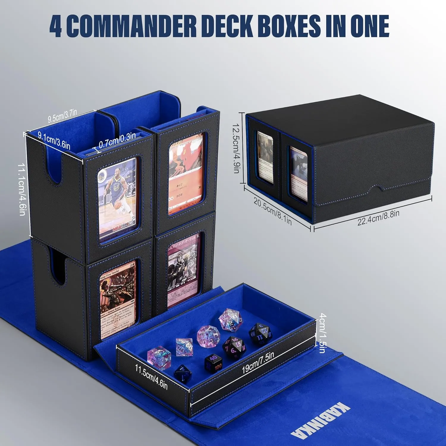 Card Deck Box for MTG with Commander Display, 5 in 1 Card Storage Box Fits 400  Double-sleeved Cards, Removable Deck Case for TCG/Sports Cards with Dice Tray, 4 Magnetic Card Holders (Black Blue)