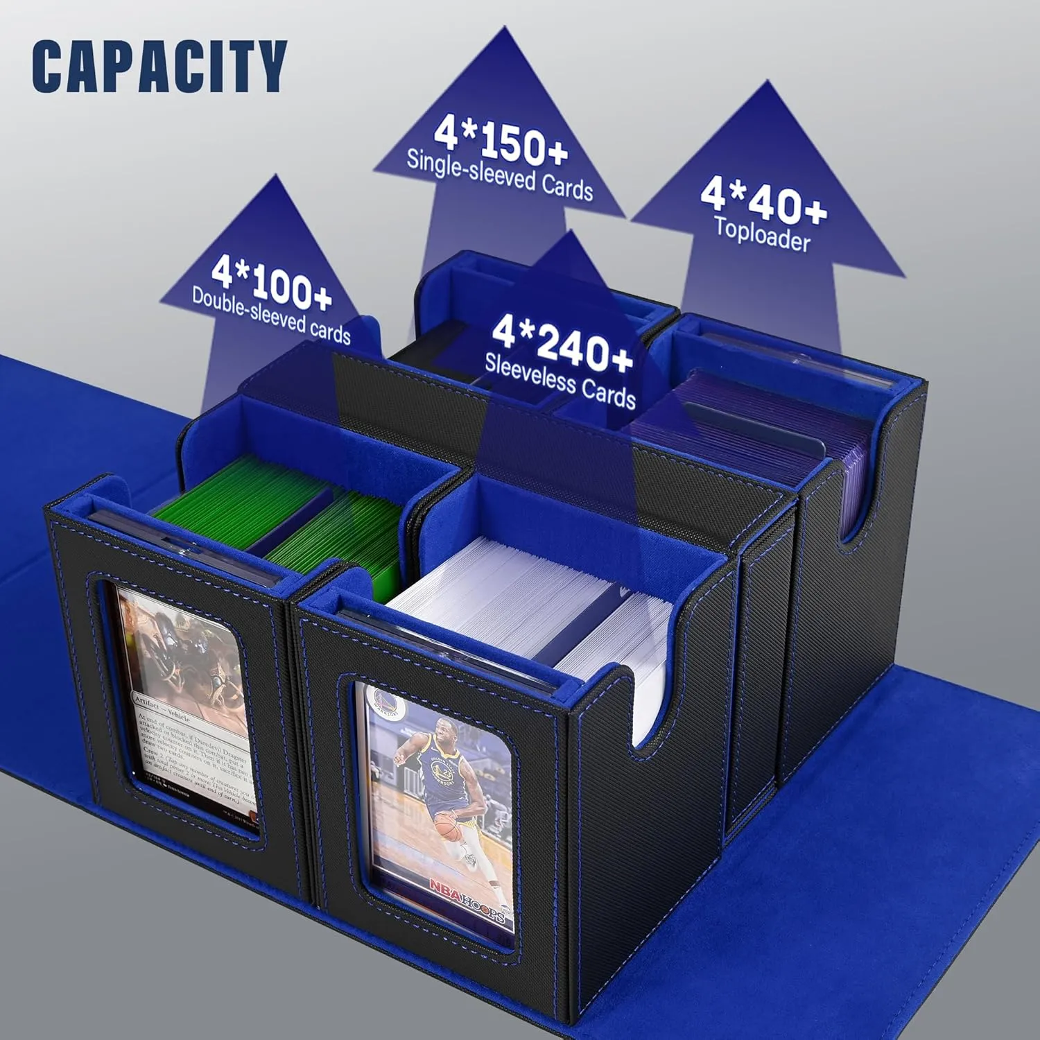 Card Deck Box for MTG with Commander Display, 5 in 1 Card Storage Box Fits 400  Double-sleeved Cards, Removable Deck Case for TCG/Sports Cards with Dice Tray, 4 Magnetic Card Holders (Black Blue)