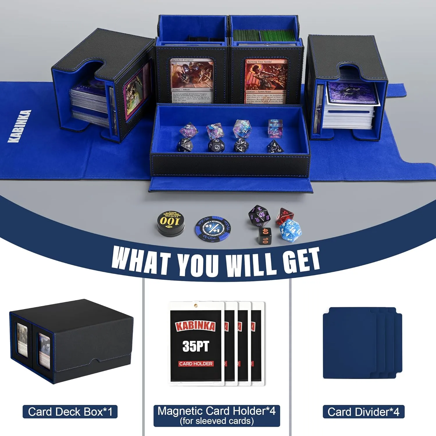 Card Deck Box for MTG with Commander Display, 5 in 1 Card Storage Box Fits 400  Double-sleeved Cards, Removable Deck Case for TCG/Sports Cards with Dice Tray, 4 Magnetic Card Holders (Black Blue)