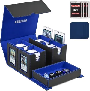 Card Deck Box for MTG with Commander Display, 5 in 1 Card Storage Box Fits 400  Double-sleeved Cards, Removable Deck Case for TCG/Sports Cards with Dice Tray, 4 Magnetic Card Holders (Black Blue)