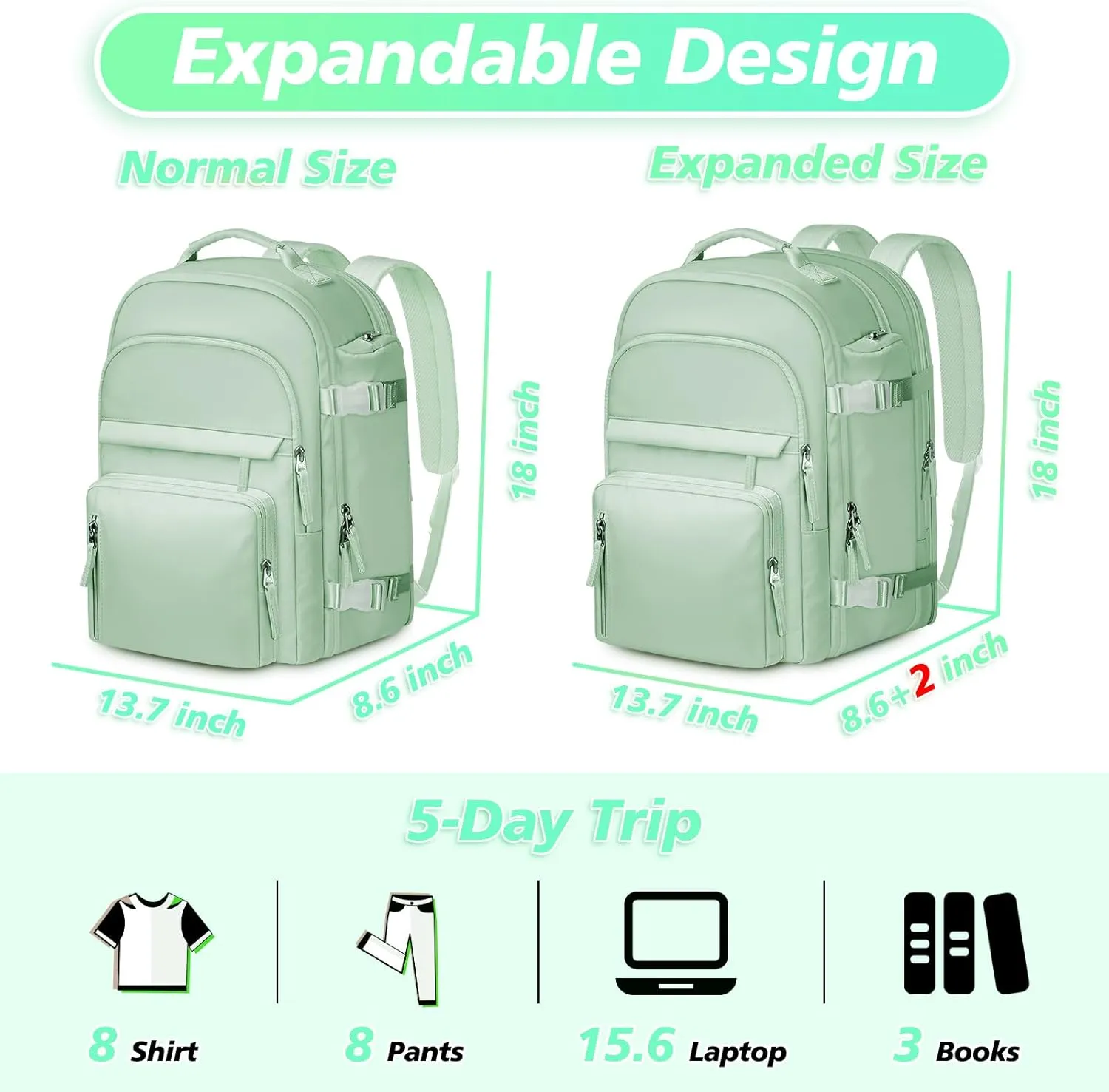 Carry on Backpack, Extra Large 40L Flight Approved Travel Backpack for Women Men, Water Resistant Weekender Bag Fits 17 Inch Notebook, College Business Casual Daypack with Shoe Bag,Green