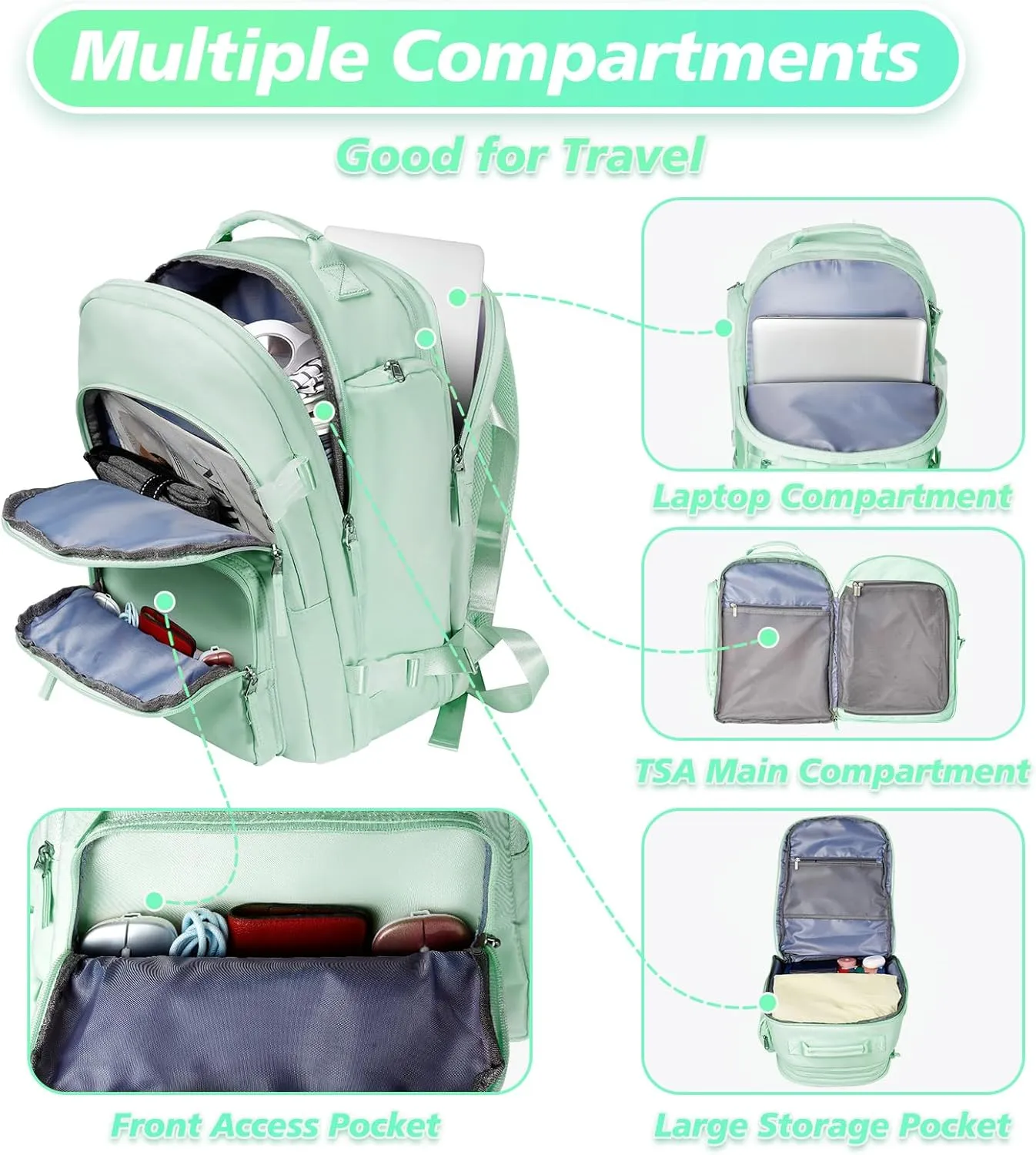 Carry on Backpack, Extra Large 40L Flight Approved Travel Backpack for Women Men, Water Resistant Weekender Bag Fits 17 Inch Notebook, College Business Casual Daypack with Shoe Bag,Green
