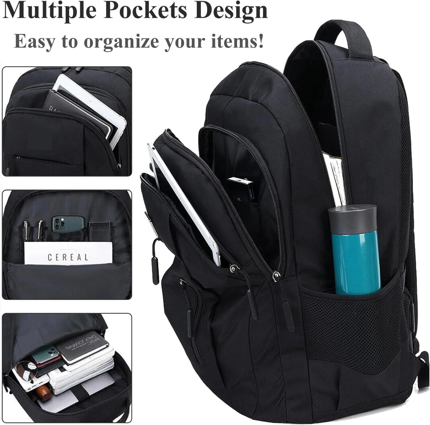 CHAO RAN Travel Laptop Backpack, Business Backpack for Men Women Fits up to 15.6''Notebook Waterproof Backpack with USB Charging Port, Day Bag for College Commute, Multiple Pocket Design-Black