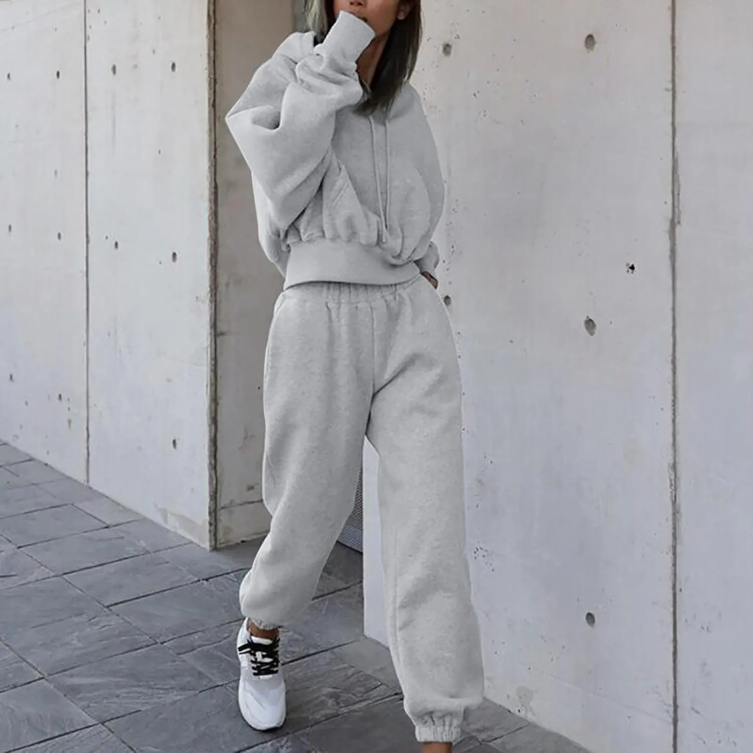 Charella Two Piece Sweatsuit Outfits for Women's Solid Pullover Hoodies Drawstring Cinch Bottom Trousers Sets With Pocket