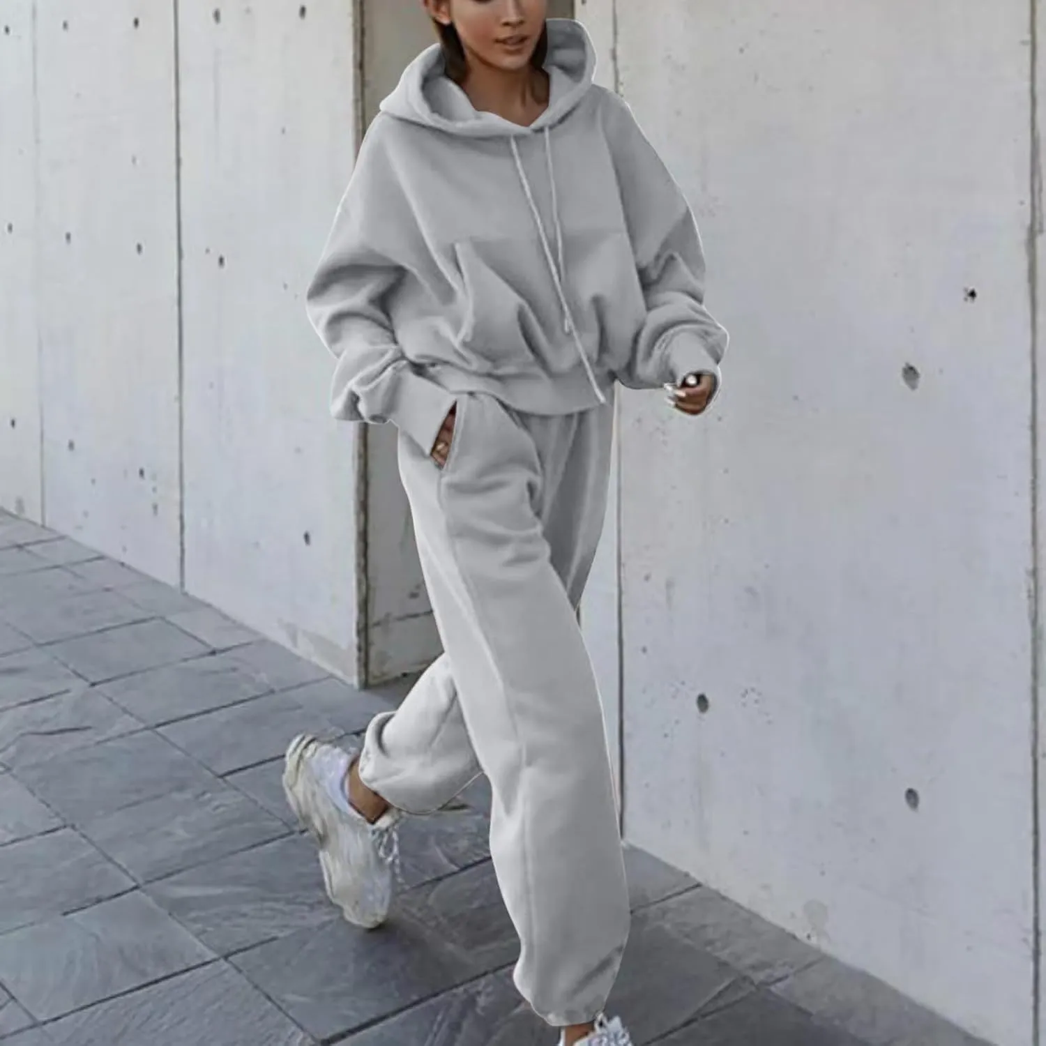 Charella Two Piece Sweatsuit Outfits for Women's Solid Pullover Hoodies Drawstring Cinch Bottom Trousers Sets With Pocket